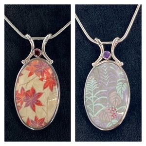 Lia Sophia Leaves/Gemstone Reversible Oval Pendant/Slide Snake Chain Necklace